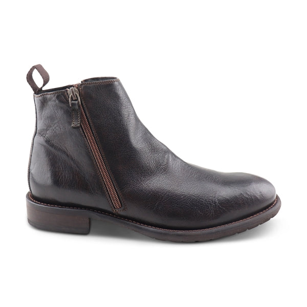 Dark brown buffalo leather zip ankle boot