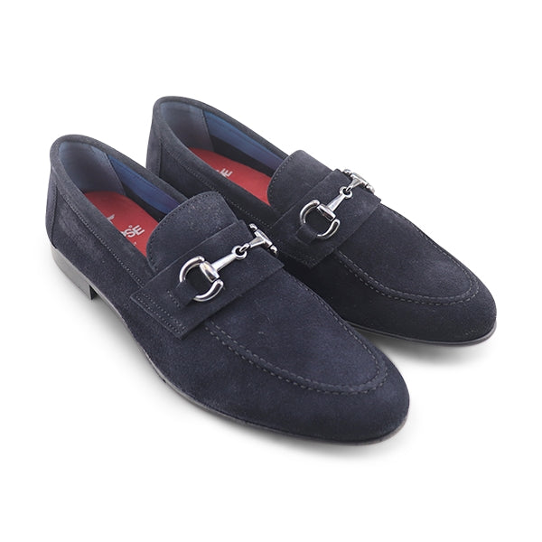Blue suede moccasins with clamp