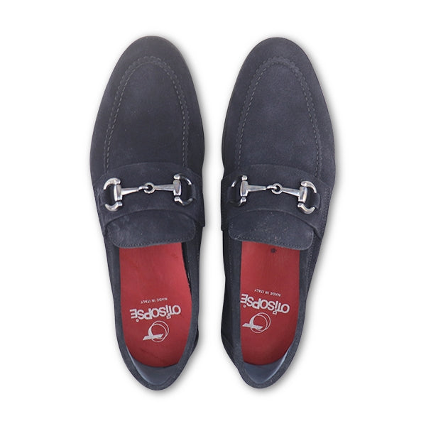 Blue suede moccasins with clamp