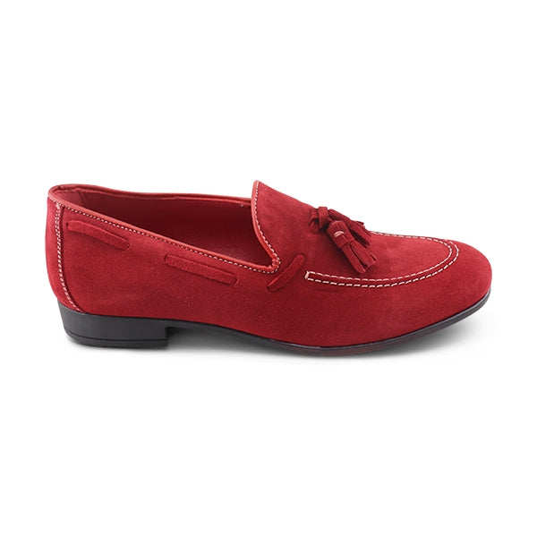Red suede bow loafers