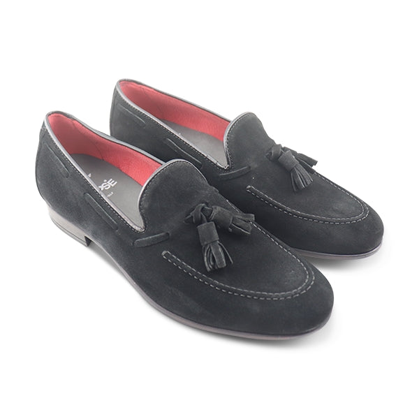 Black suede bow loafers