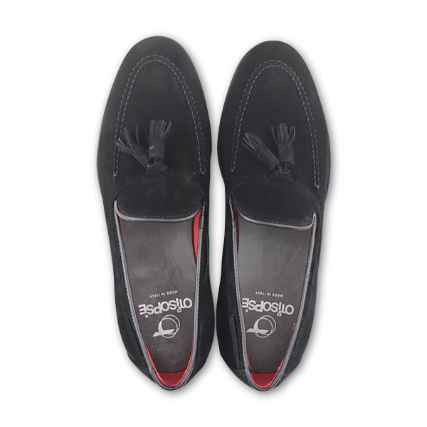 Black suede bow loafers