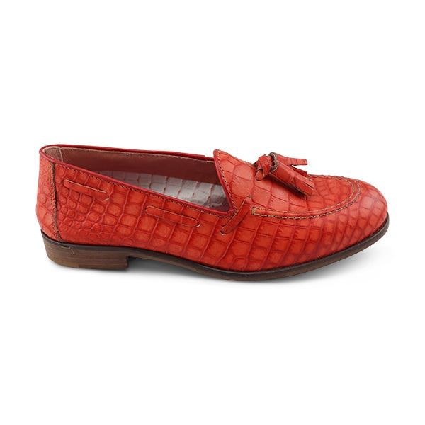 Orange crocodile leather moccasins