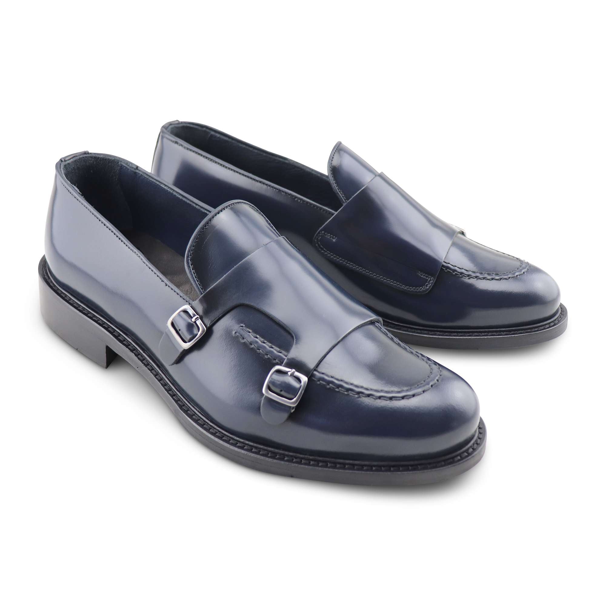 Blue double buckle in brushed leather