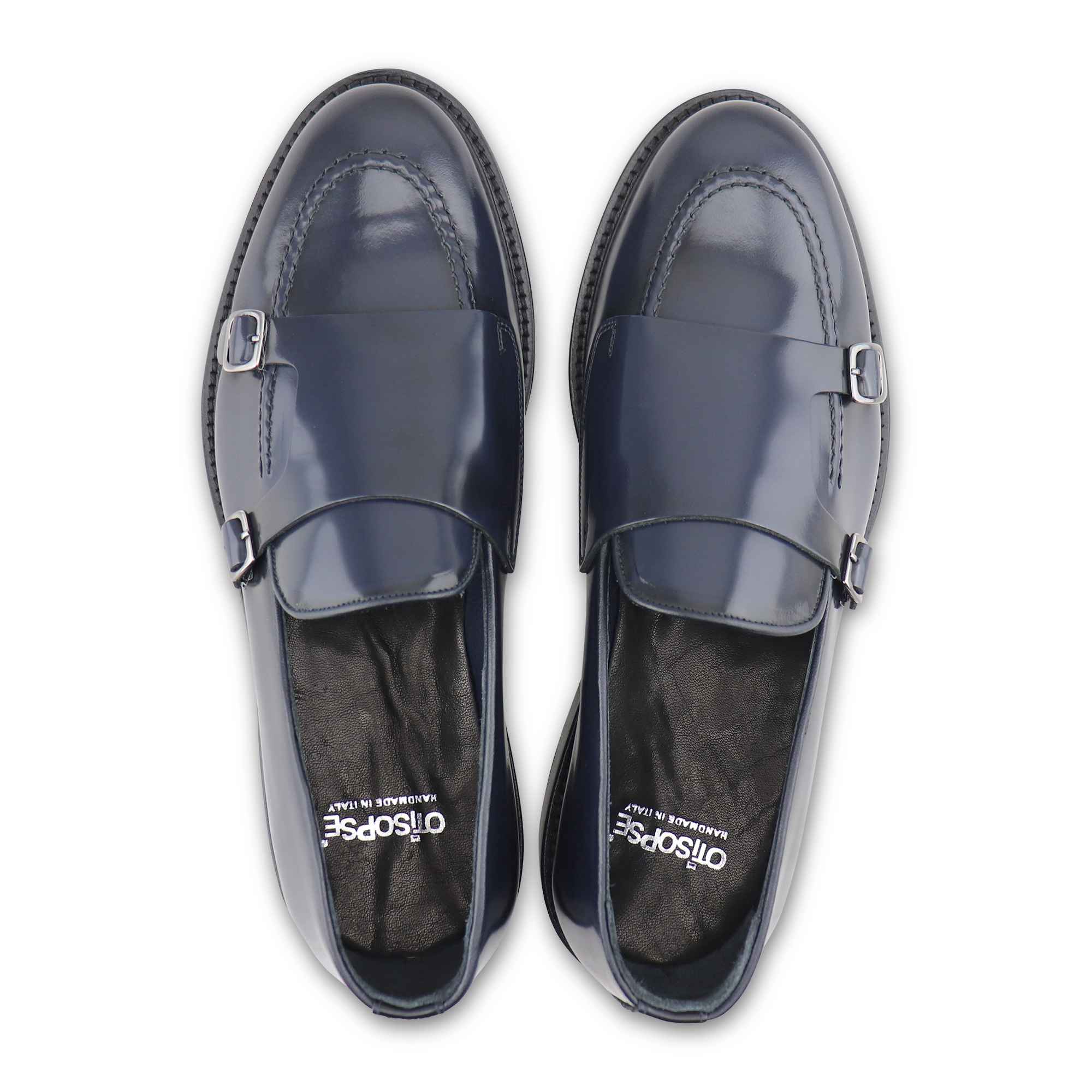 Blue double buckle in brushed leather