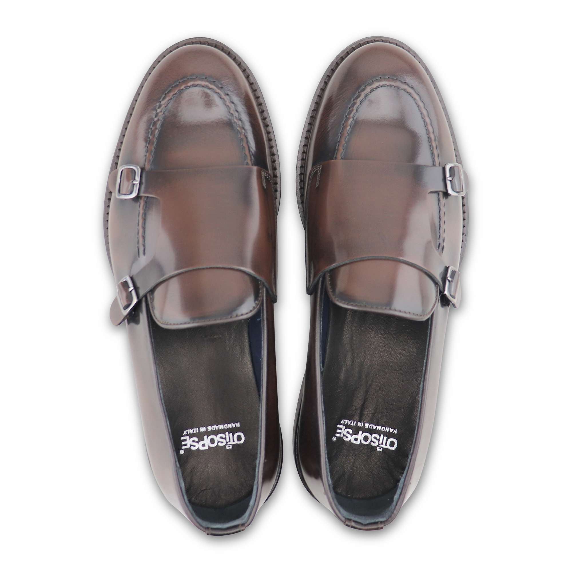 Double buckle in brushed leather in dark brown