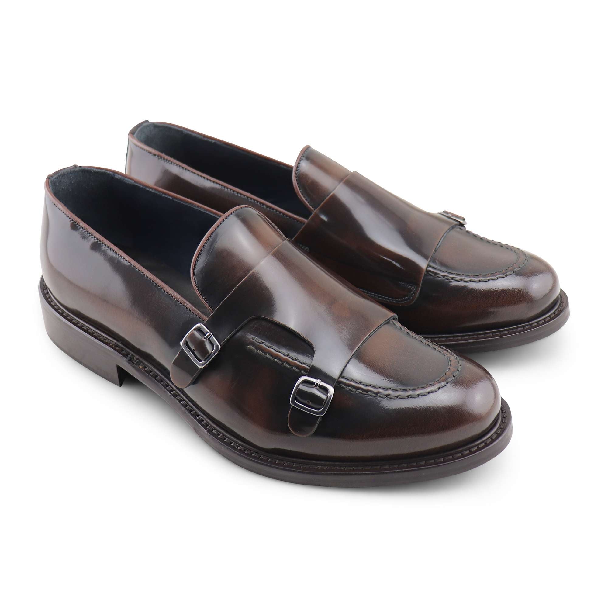 Doppia fibbia cognac in pelle spazzolata