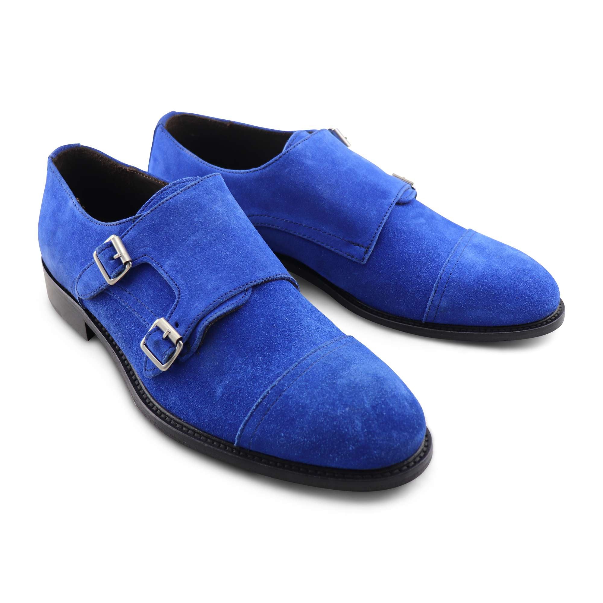Double buckle in blue suede