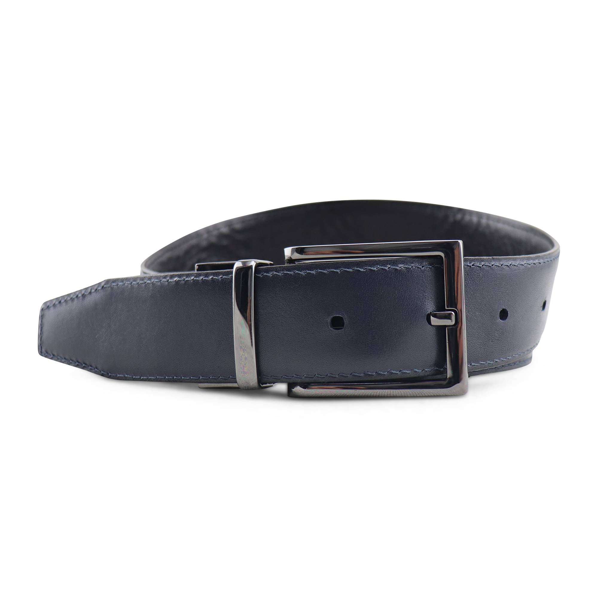 Cintura double face in pelle nero/blu