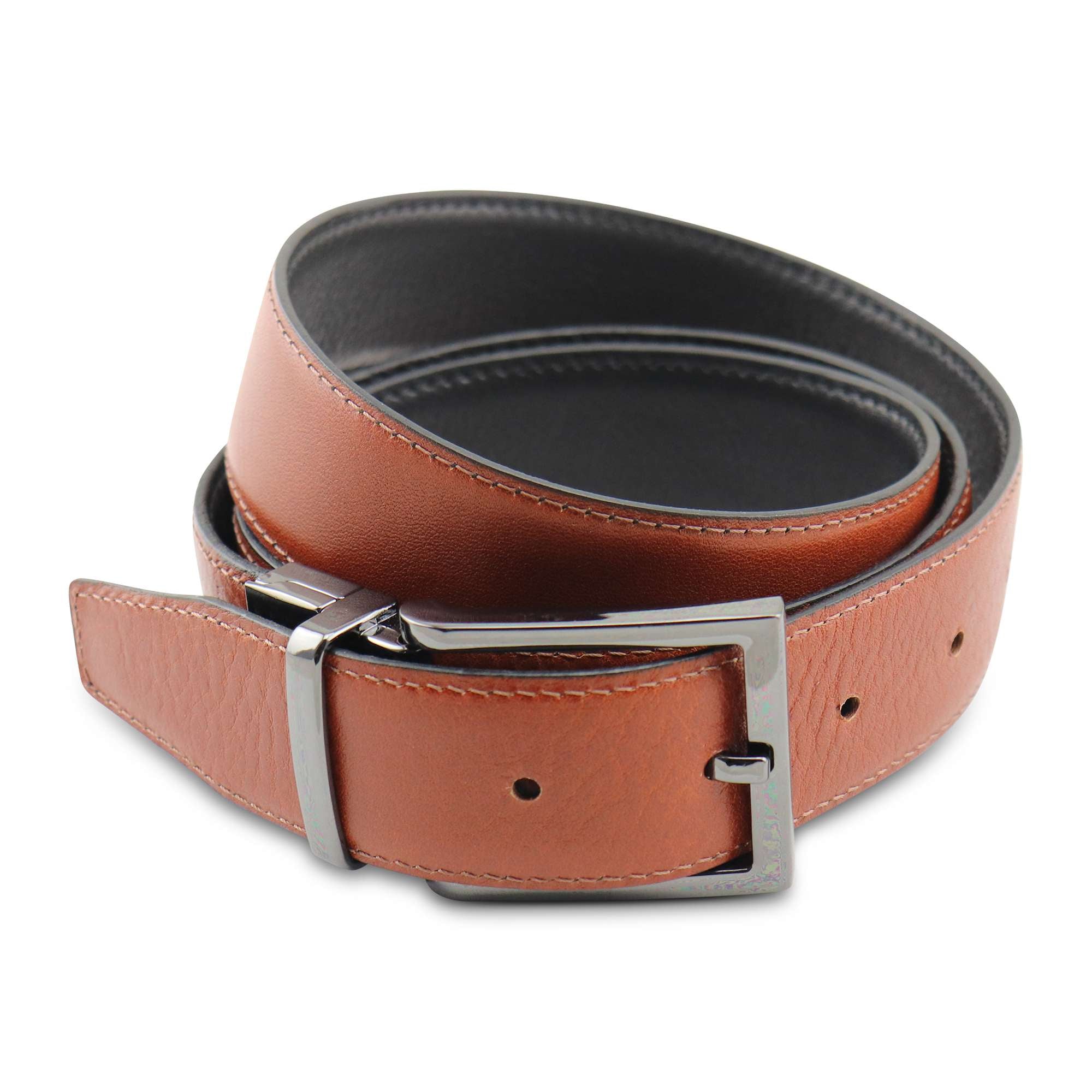 Cintura double face in pelle nero/cuoio