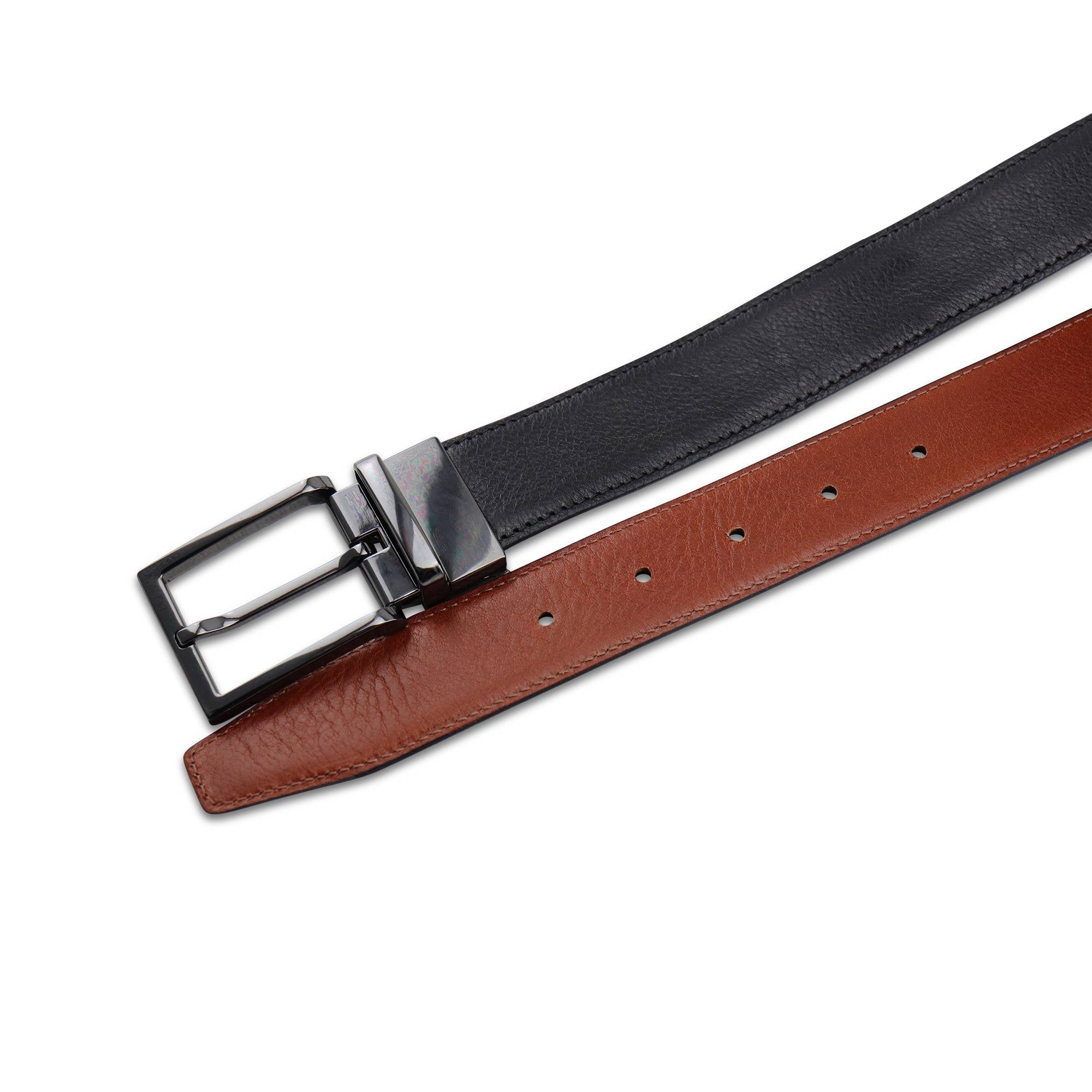 Cintura double face in pelle nero/cuoio