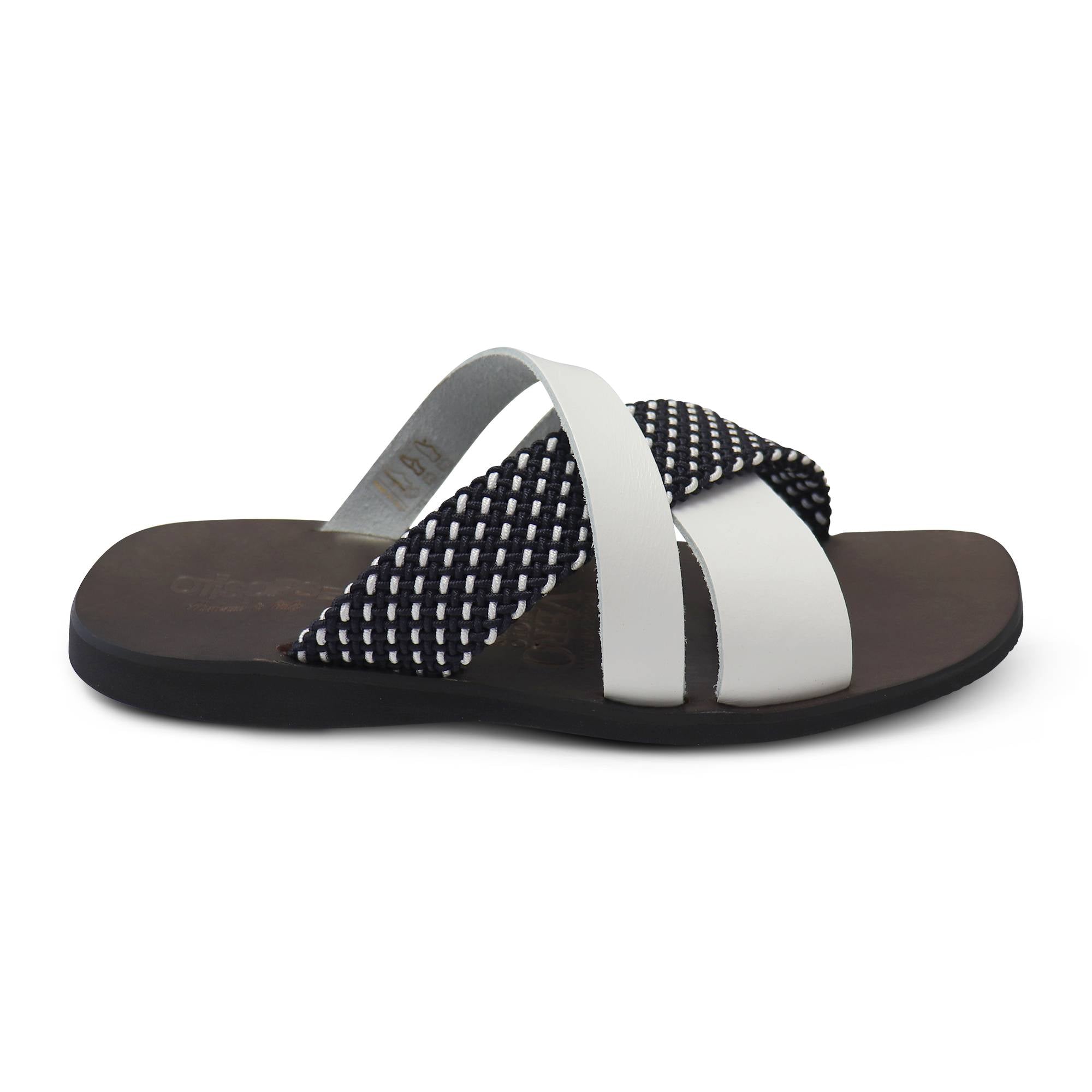 Sandali bianco in pelle con treccia blu/bianco