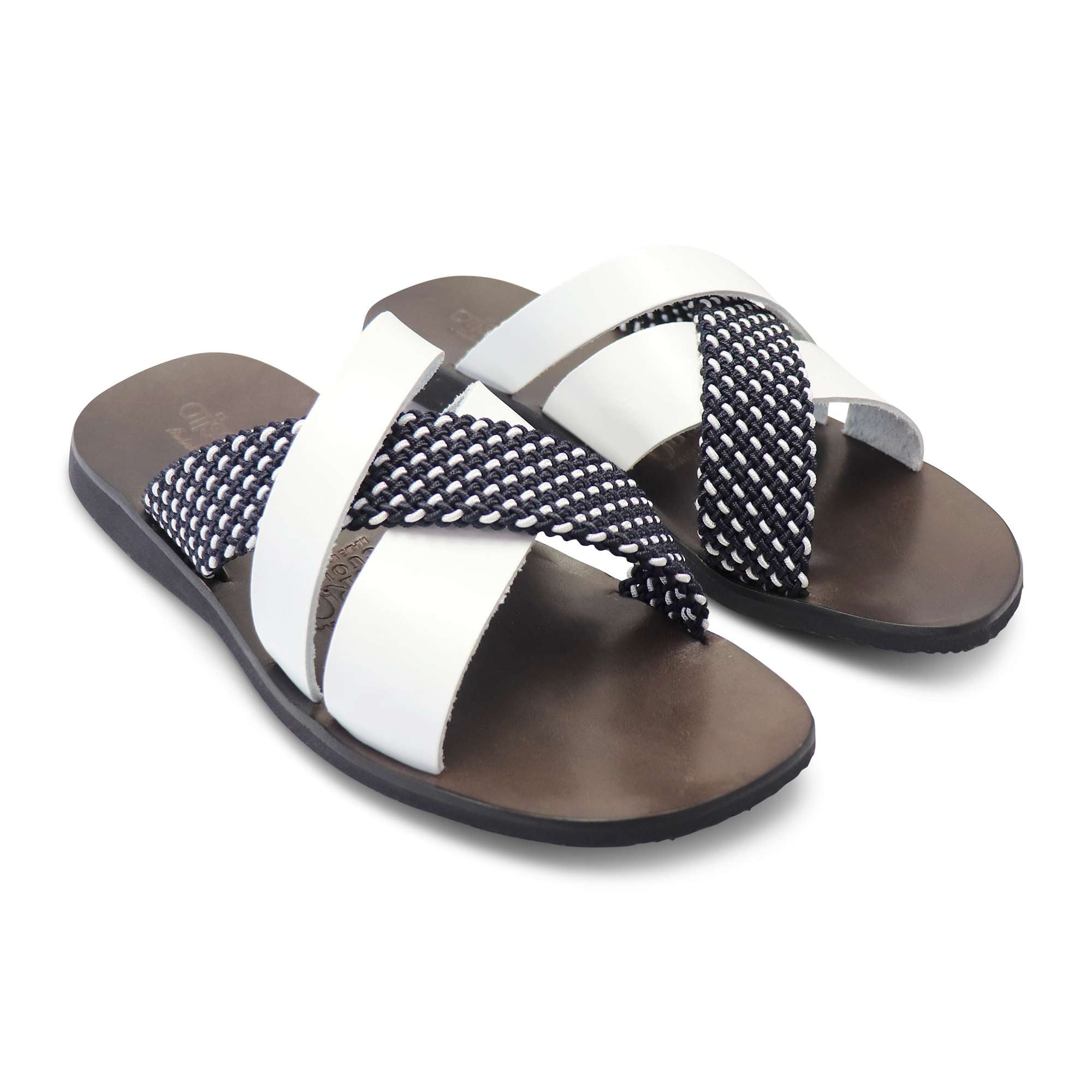 Sandali bianco in pelle con treccia blu/bianco