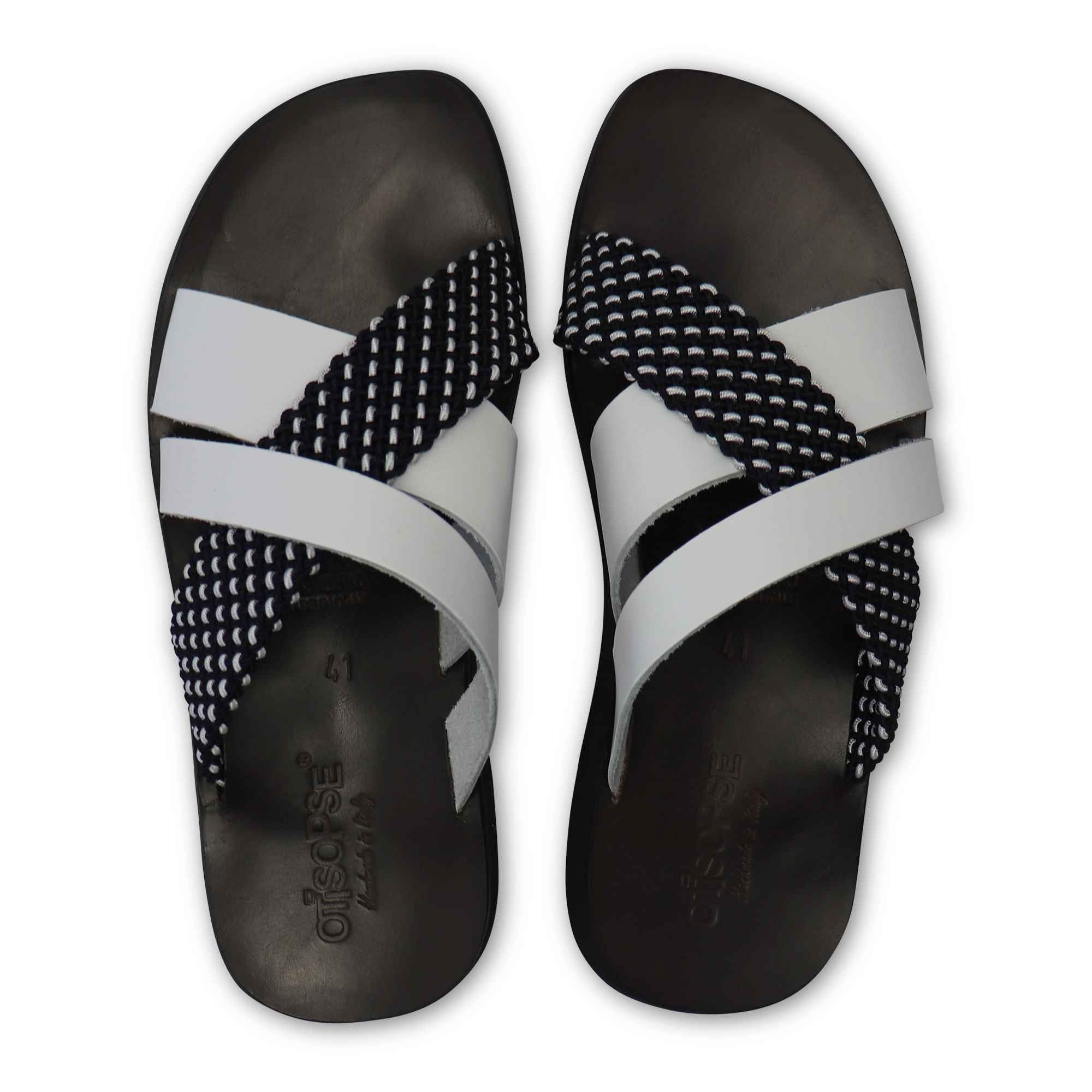 Sandali bianco in pelle con treccia blu/bianco