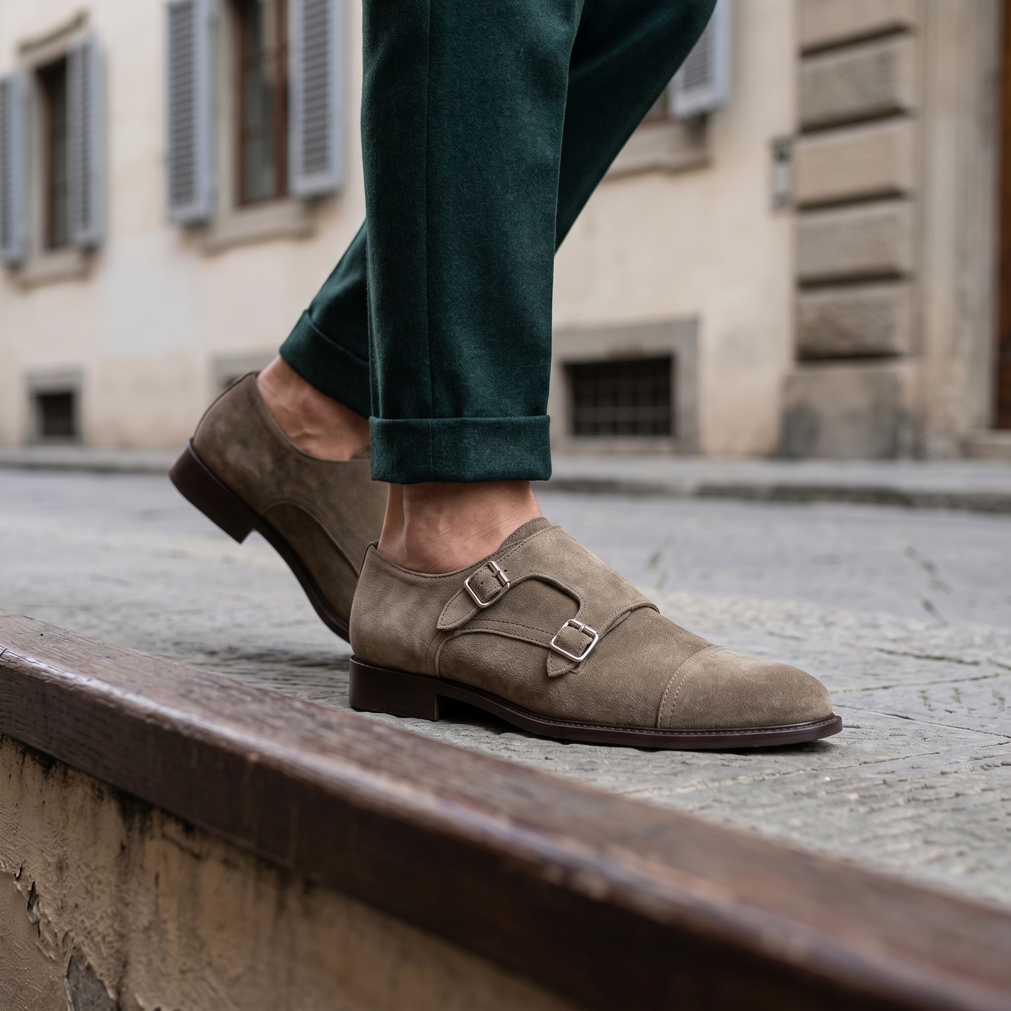 Doppia fibbia taupe in camoscio