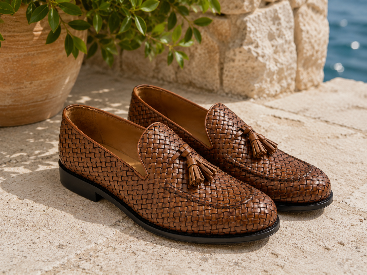 Slipper cuoio in pelle intrecciata