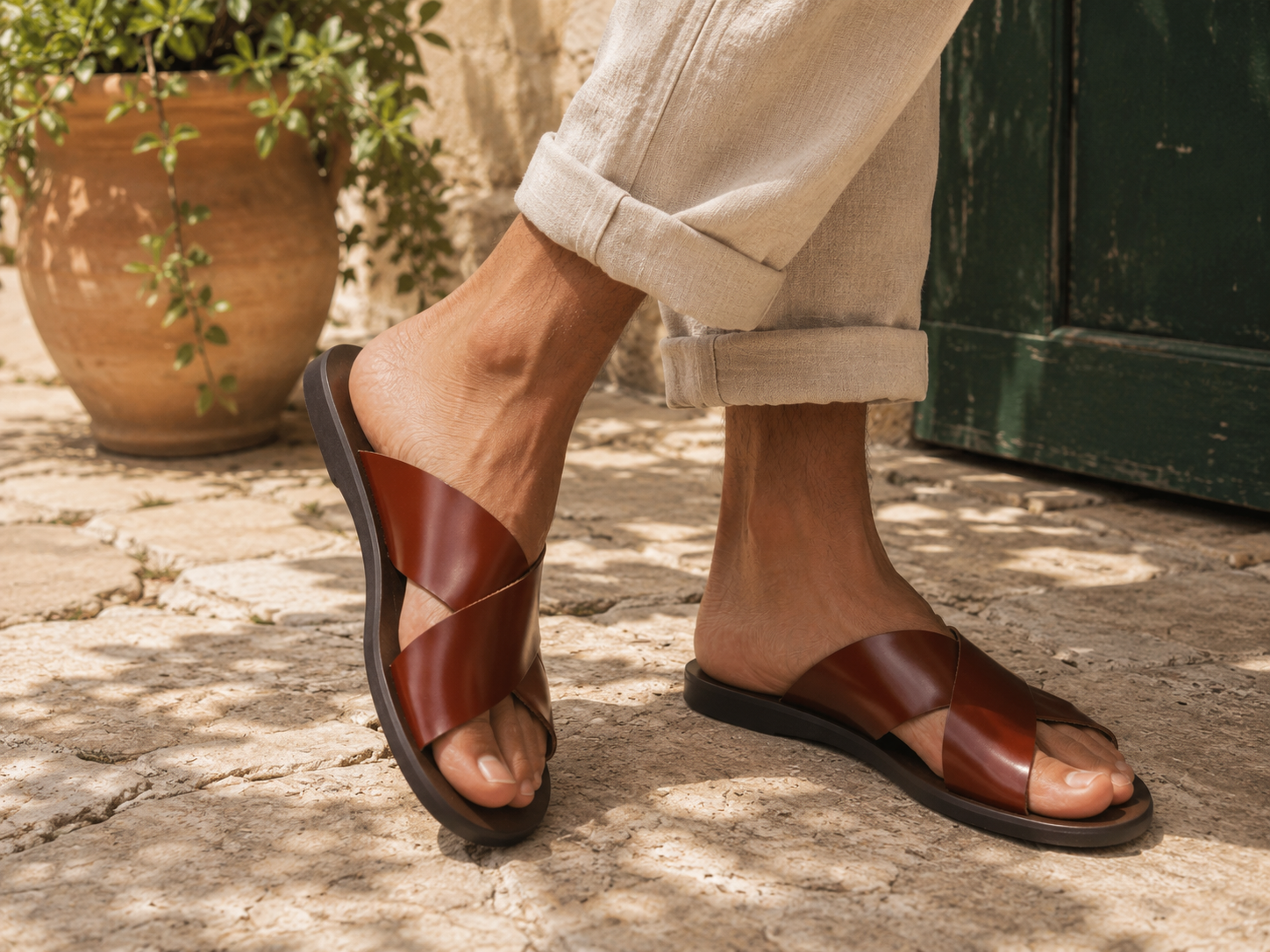 Sandali cuoio in pelle lucido
