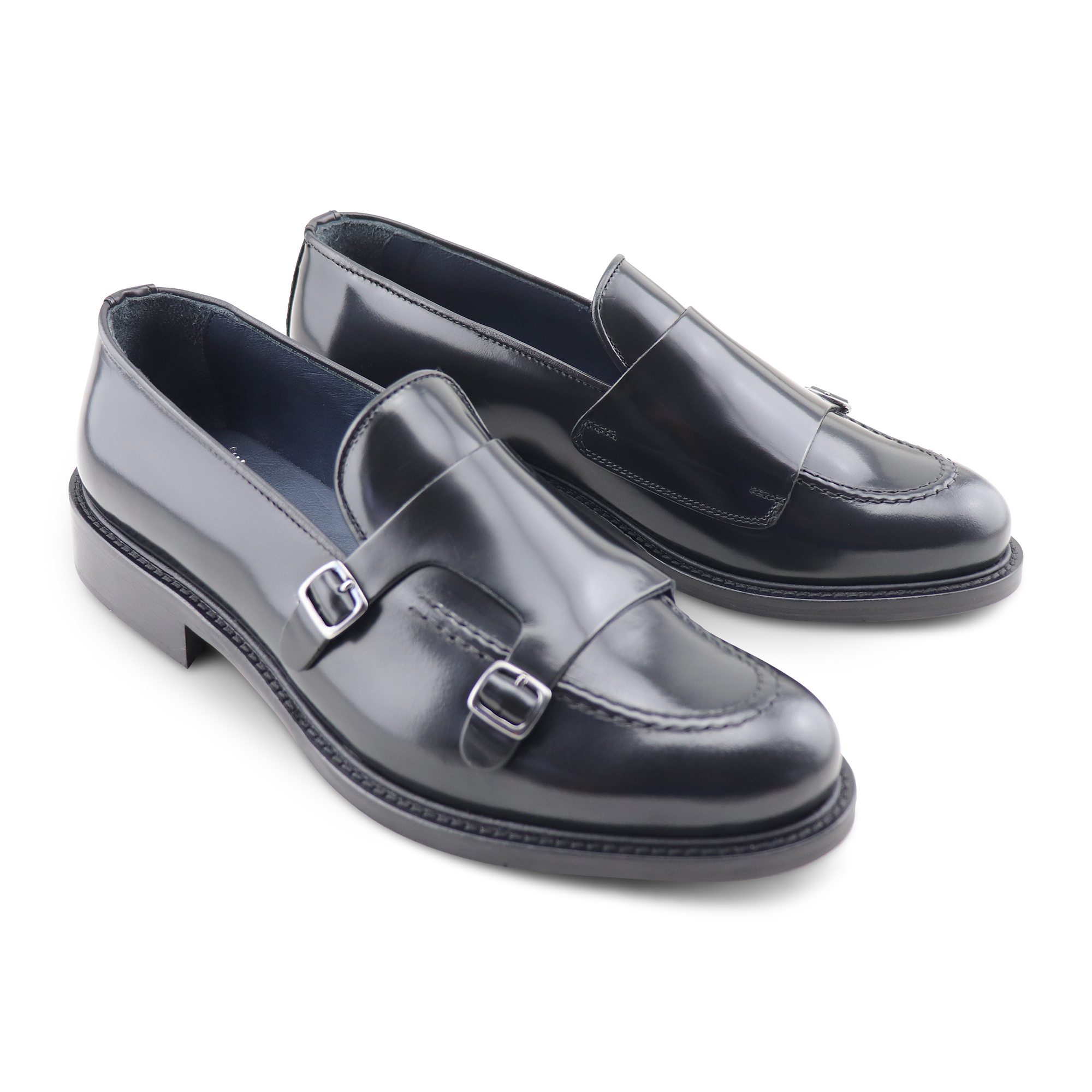 Doppia fibbia nera in pelle spazzolata