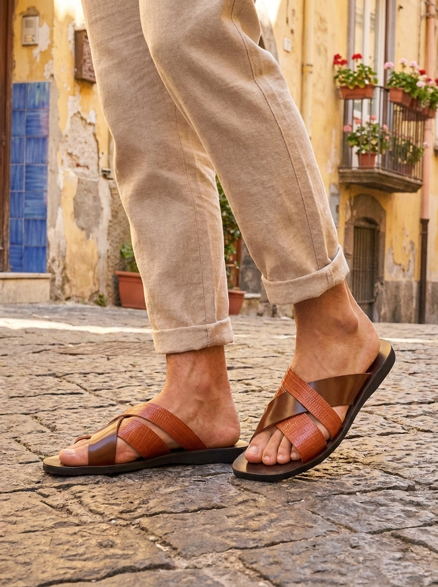 Sandali cuoio in pelle con fascia cerata
