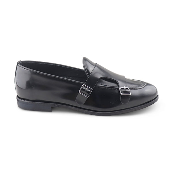 Double-buckle slippers in brushed black leather