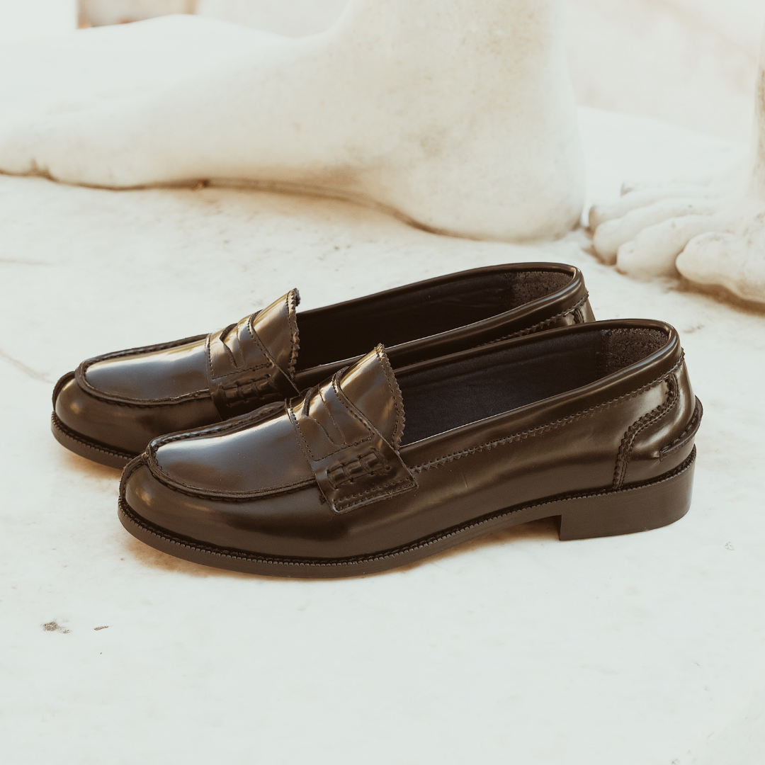 Black polished leather moccasins