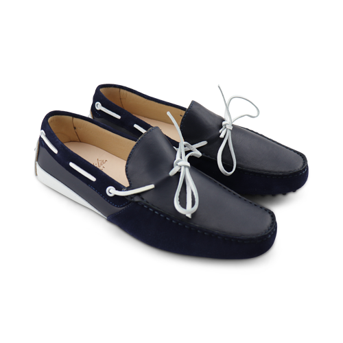 Mocassini blu in pelle e camoscio