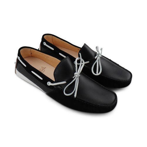 Mocassini neri in pelle e camoscio