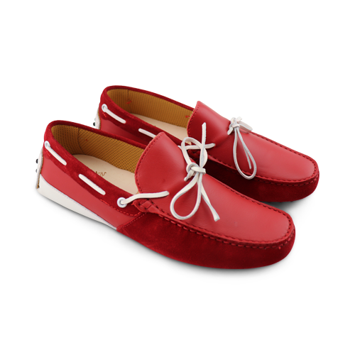 Mocassini rossi in pelle e camoscio