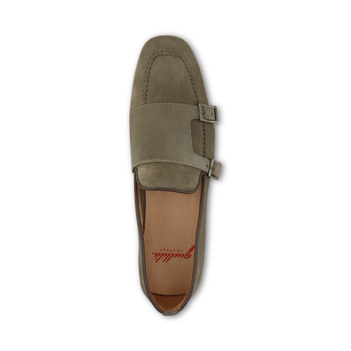 Dove gray suede slippers with double buckle