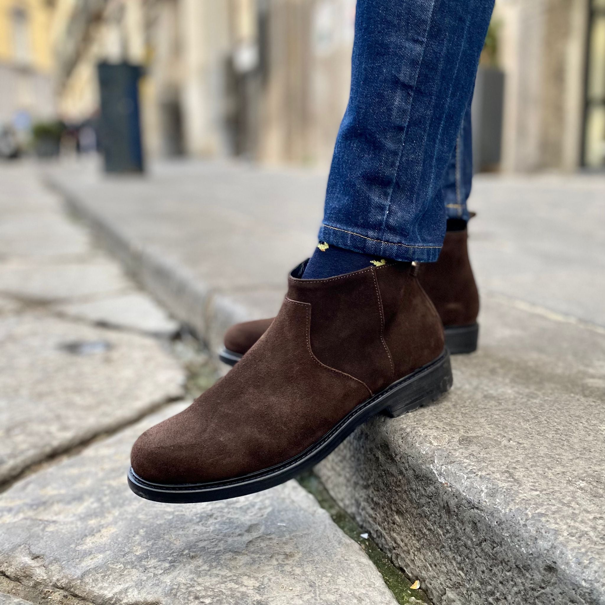 Dark brown suede ankle boots with zip