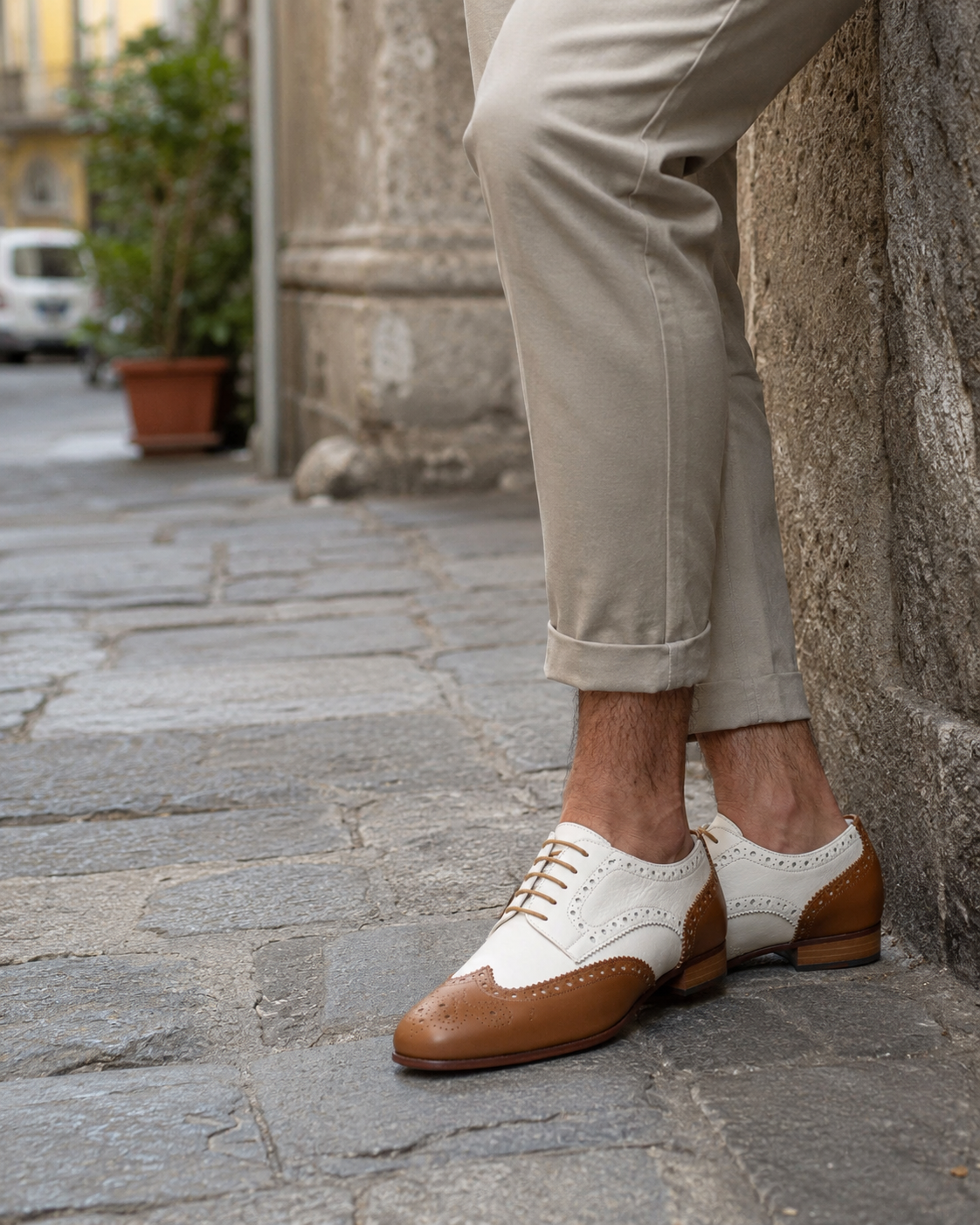 Derby in pelle cuoio e bianco