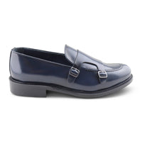 Double buckle blue brushed leather