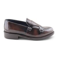 Double buckle dark brown brushed leather