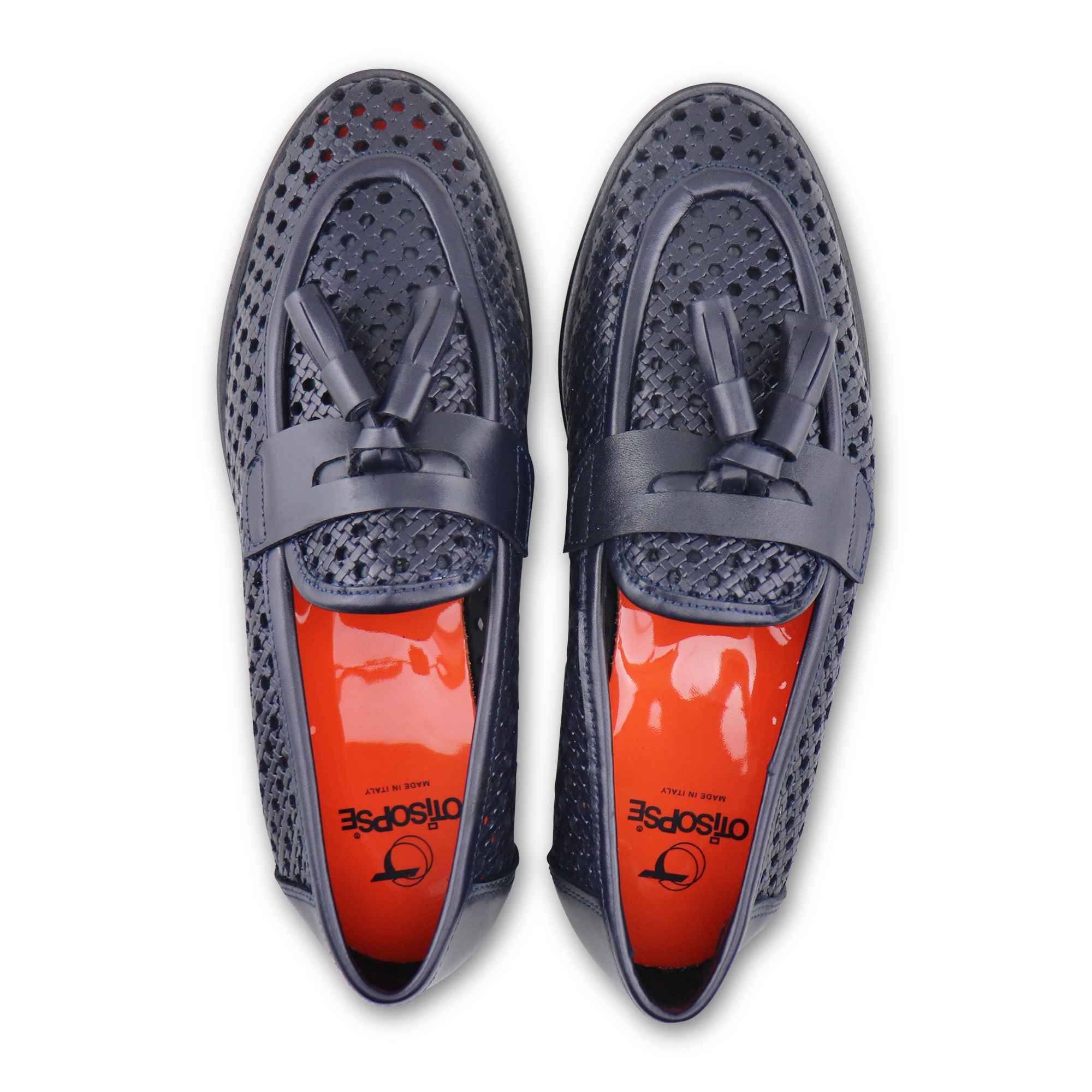 Mocassini tassel blu in pelle forata