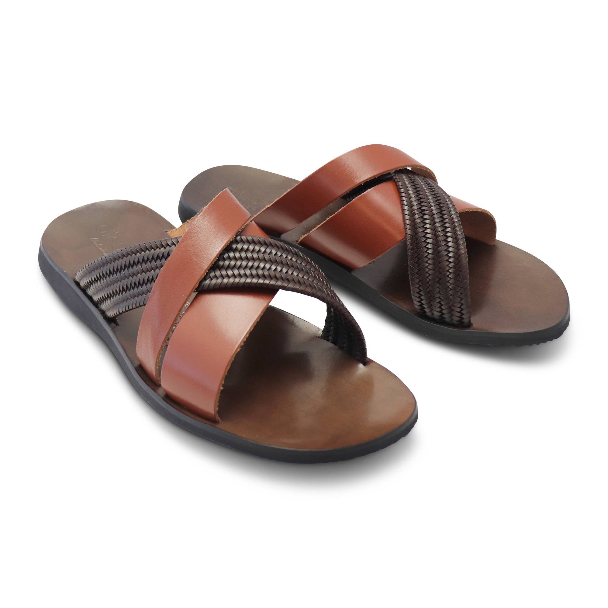 Sandali cuoio in pelle con treccia moro