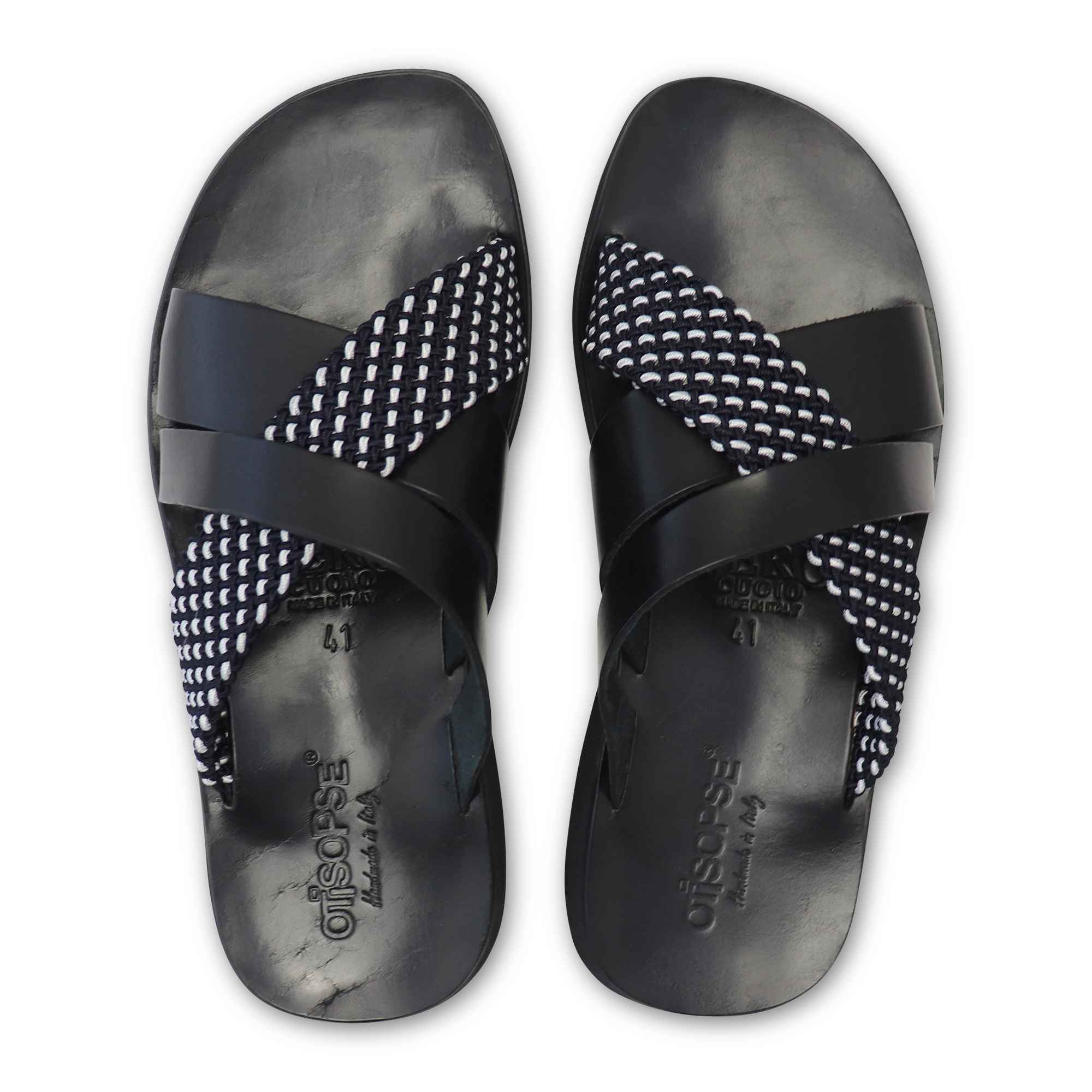 Sandali neri in pelle con intreccio nero e bianco