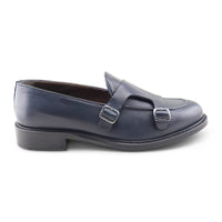 Blue leather double buckle shoes