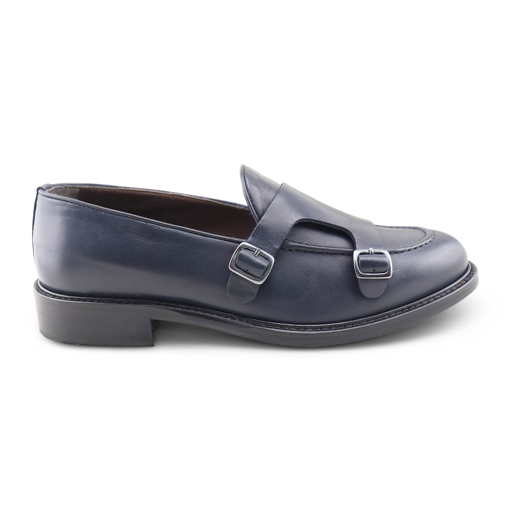 Doppia fibbia blu in pelle