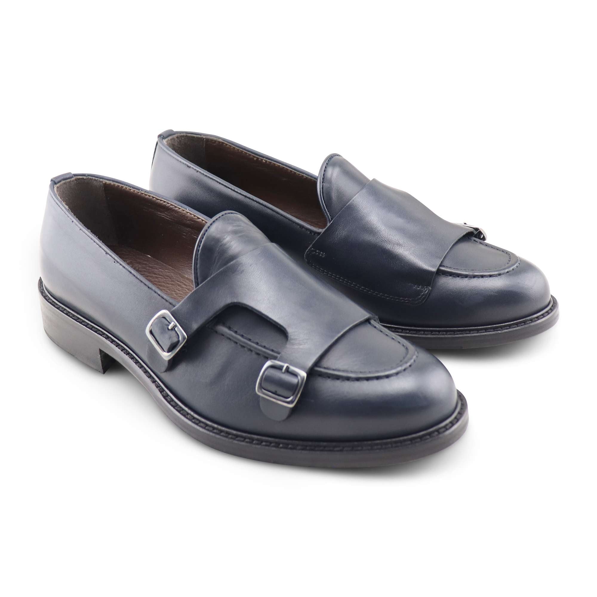 Doppia fibbia blu in pelle