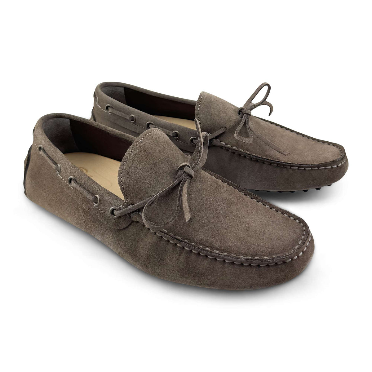 Mocassini con gommini in camoscio taupe