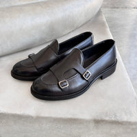 Double dark brown leather buckle