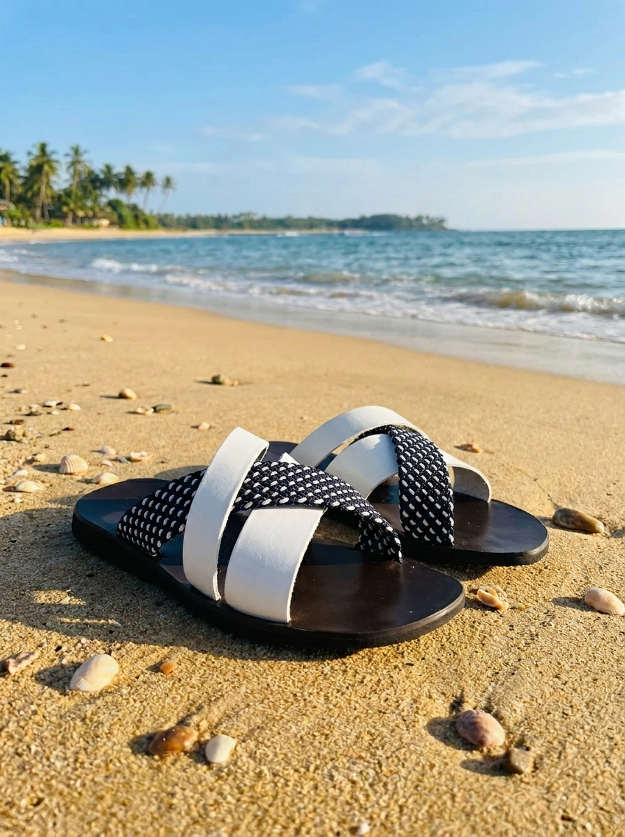 Sandali bianco in pelle con treccia blu/bianco