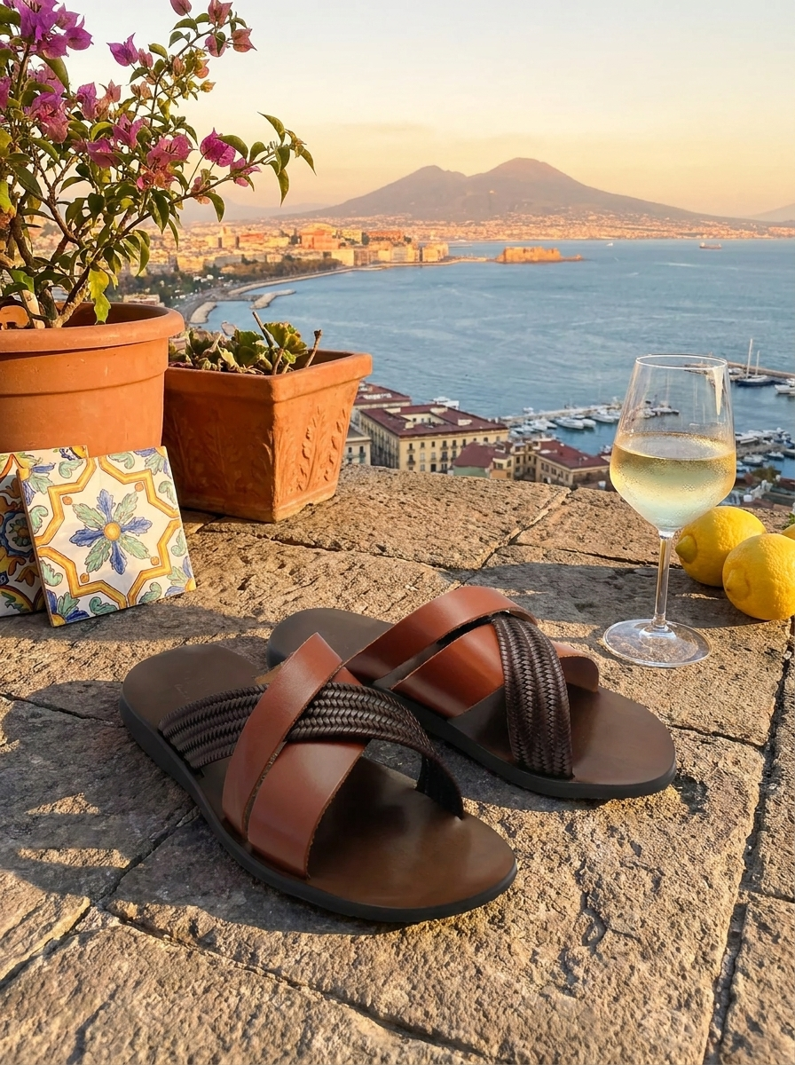 Sandali cuoio in pelle con treccia moro