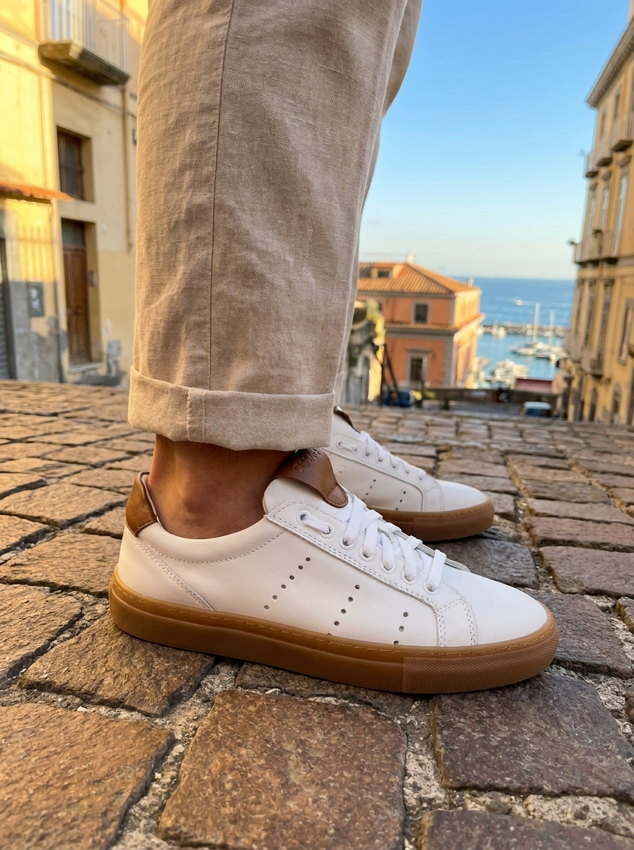 Sneakers bianca e cuoio in pelle