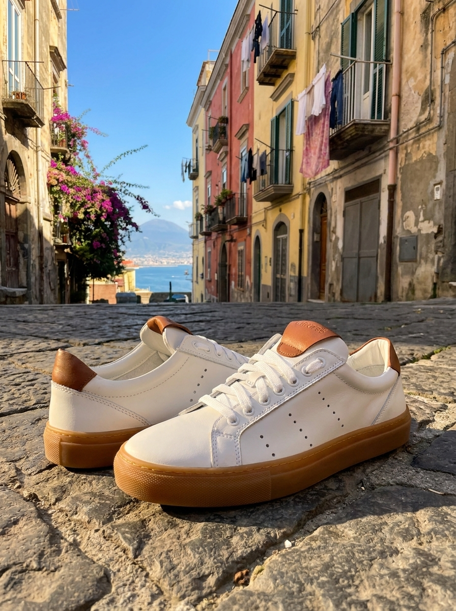 Sneakers bianca e cuoio in pelle