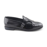 Slippers doppia fibbia in pelle spazzolata nera