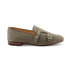 Dove gray suede slippers with double buckle
