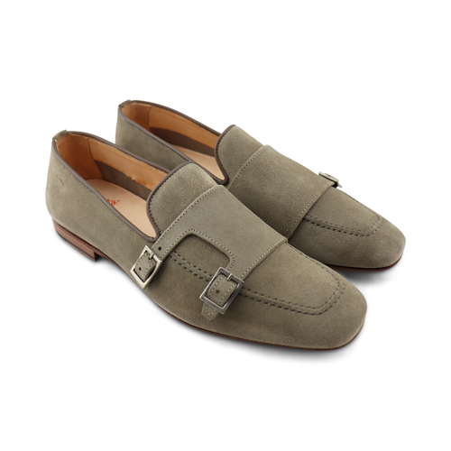 Dove gray suede slippers with double buckle
